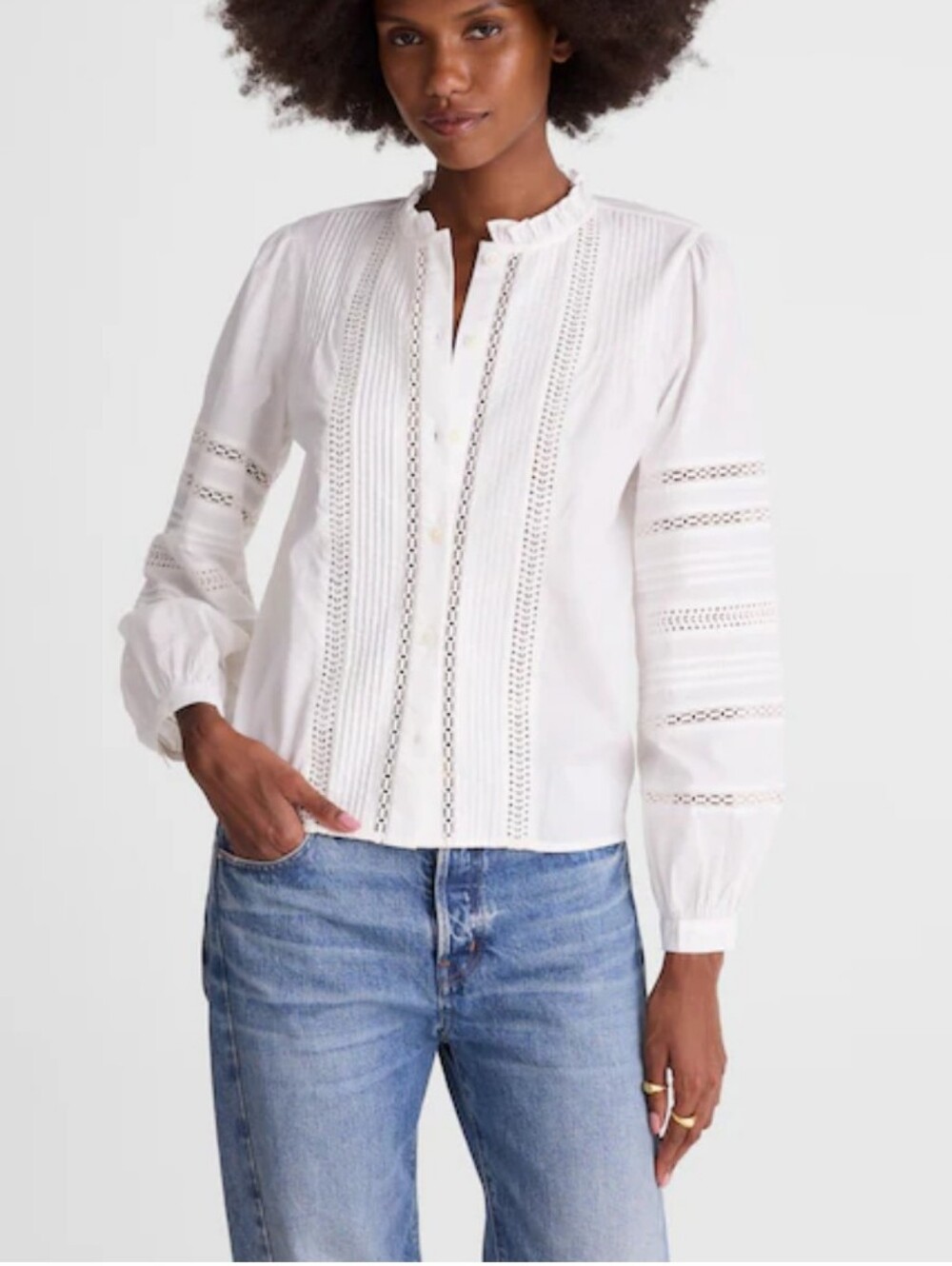 Madewell Lace-Insert High-Neck Pintuck Top NZ418 Size S White